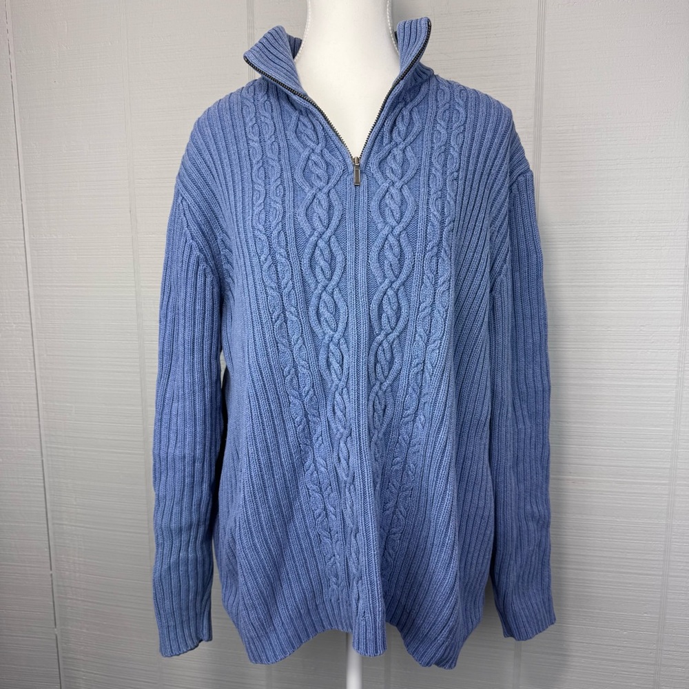 Vintage Lands End Blue Cable Knit Quarter Zip Pullover Sweater Mockneck Preppy